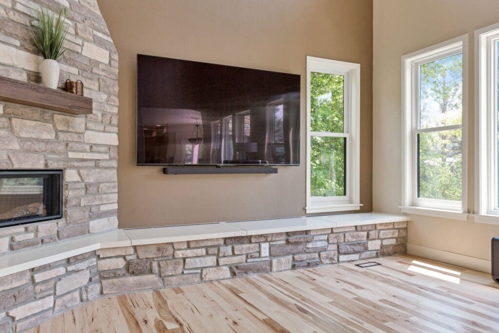 Living Room Denver Modern Chic Brick Fireplace