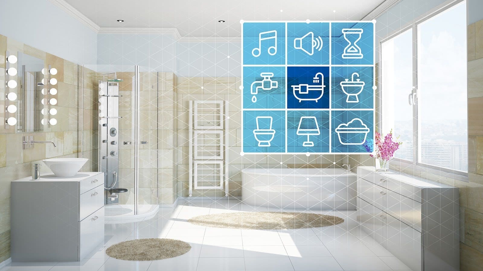 Concept image of a smart bathroom with digital icons - impacting the average cost of a bathroom reno.