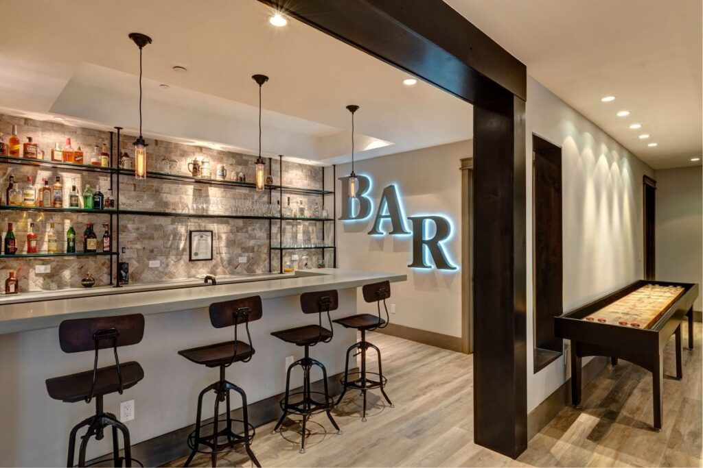 neon bar sign | wet bar with open shelving | basement remodel | fbc remodel