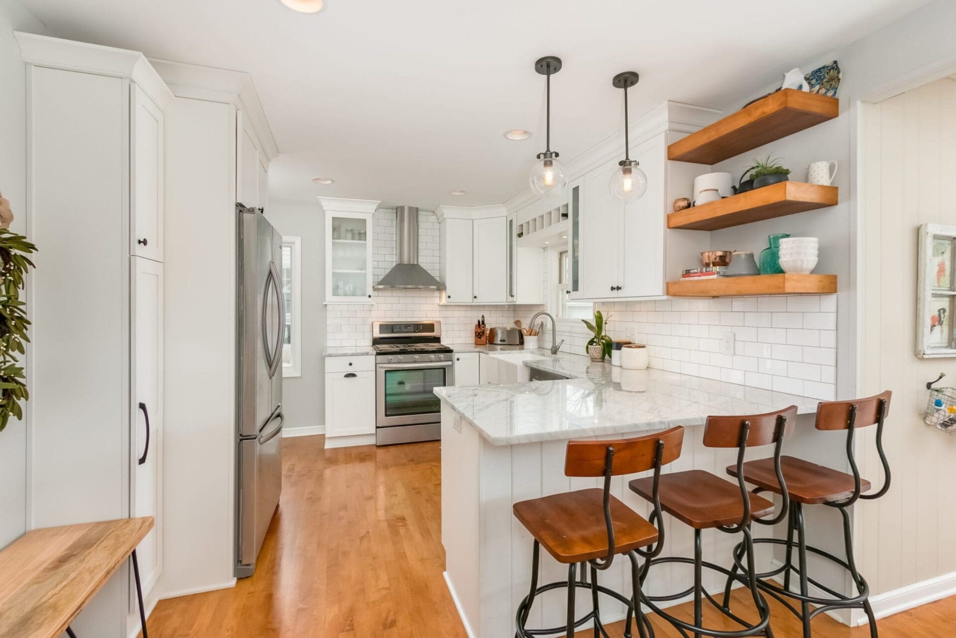 white and wood kitchen | open shelving | quartz countertops | fbc remodel