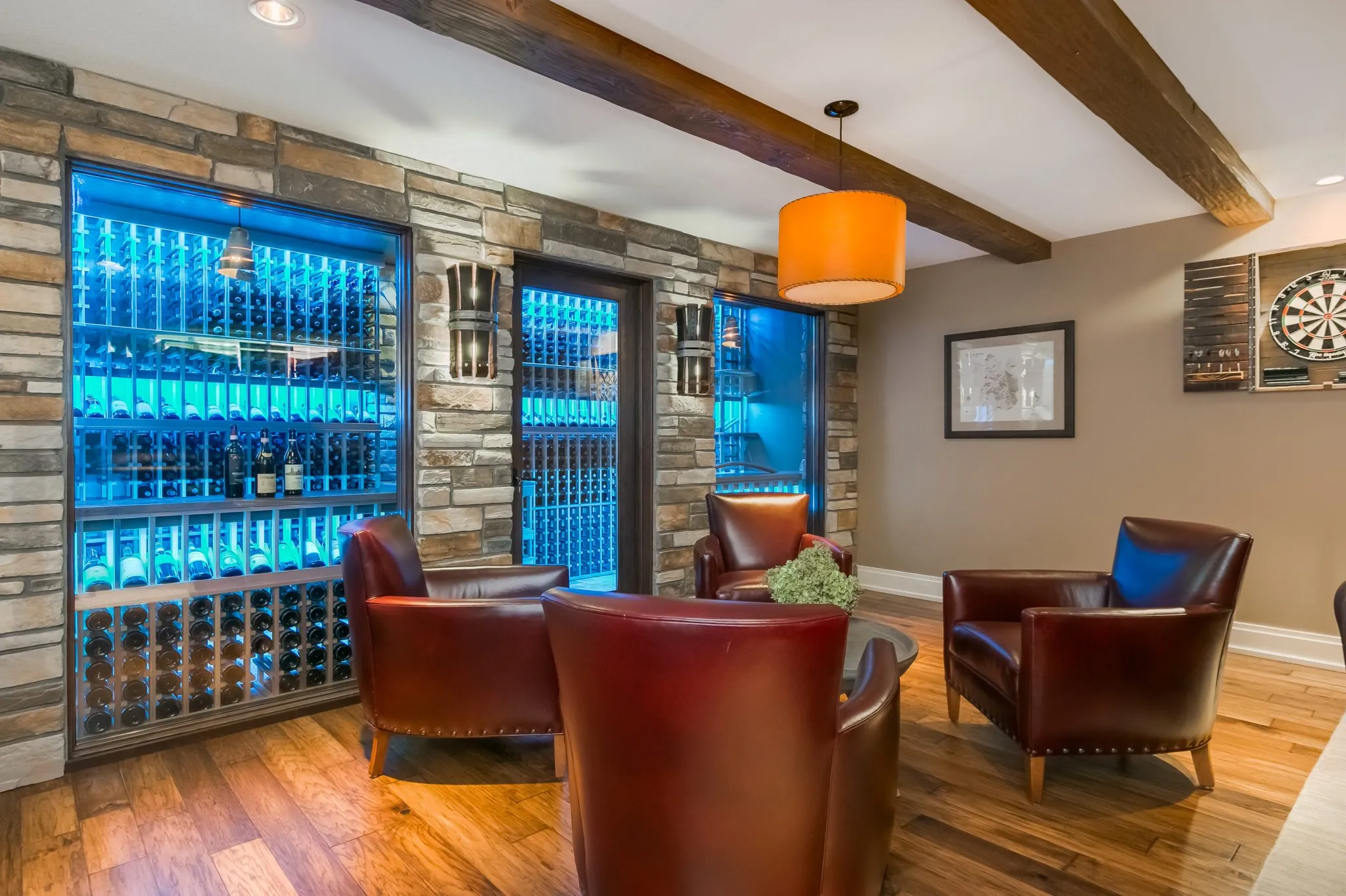 walk in wine cellar | neon wine coolers | warm wood seating | fbc remodel