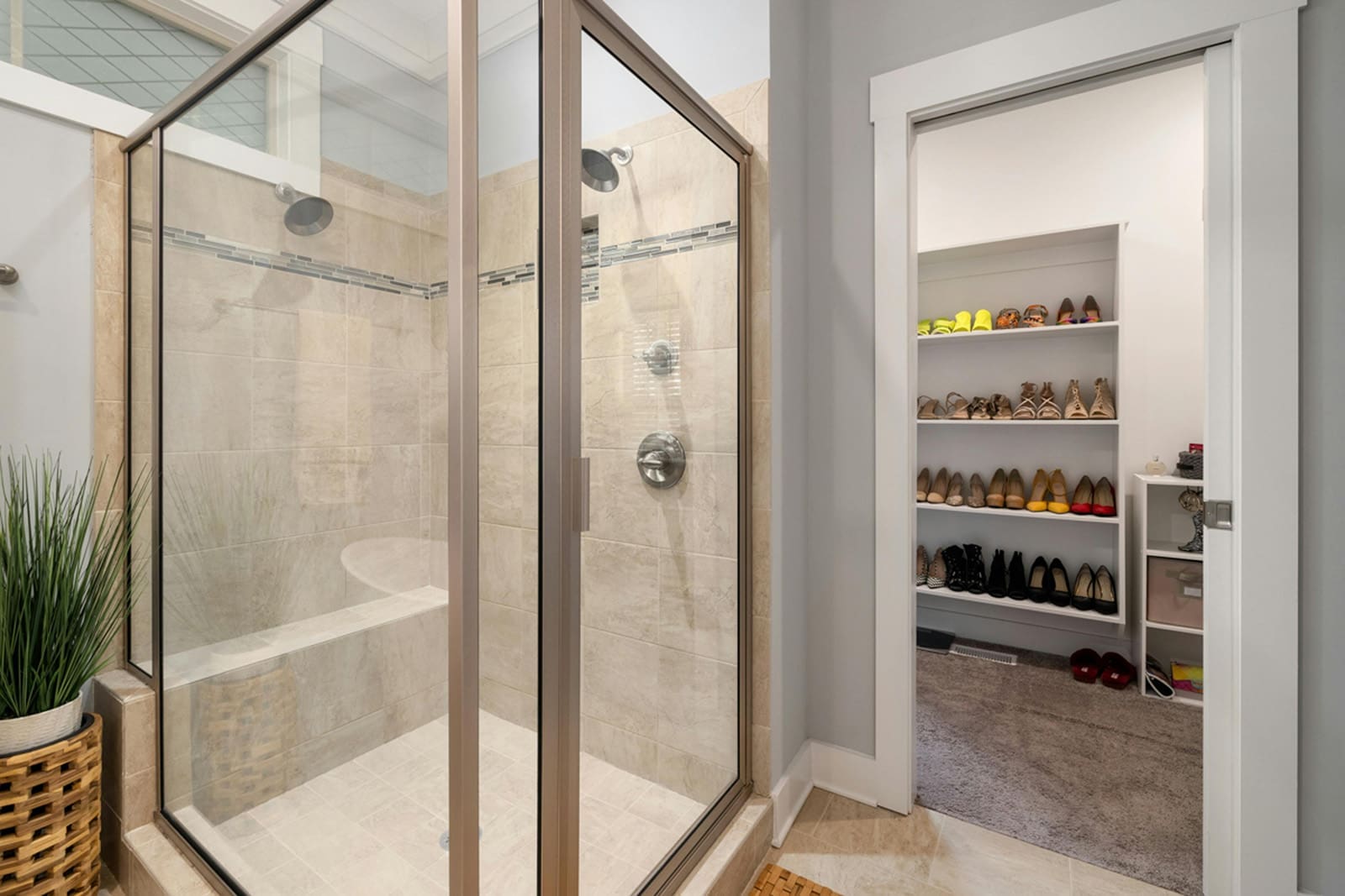 Small bathroom ideas - a walk-in corner shower with glass panels.